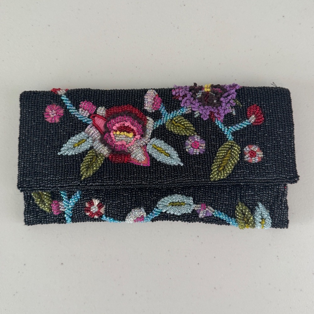 Vintage Y2K Lord & Taylor Beaded Floral Clutch Bag Black Seed Bead Cottagecore